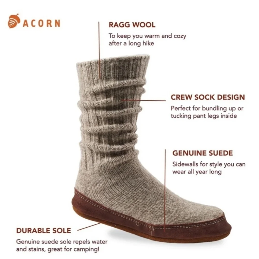 Acorn Original Slipper Sock Gray Ragg Wool Suede Sole Ribbed Knit Unisex Slipper - Picture 13 of 13